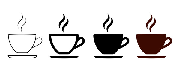 Set of minimalist coffee cup icons with transparent background, depicting hot beverages for cafes, user interfaces, and morning breaks, vector illustration