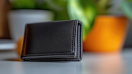 Close-up of a Stylish Black Leather Wallet on a Modern Surface