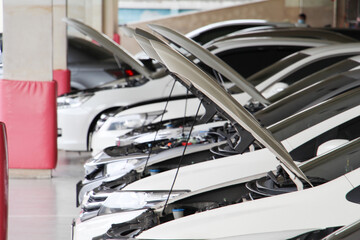 Line of car with white color open engine after checking and maintenance parking in the workshop.