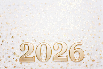 Holiday background Happy New Year 2026. Numbers of year 2026 made by gold candles on bokeh festive sparkling background. celebrating New Year holiday, close-up. Space for text