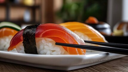 Artisan Japanese Sushi Nigiri Display with Salmon and Tuna Topping