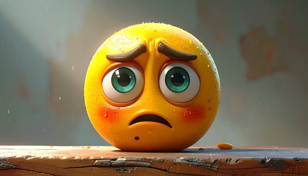 A 3D Render of a Sad Yellow Emoji with big Eyes and a Despondent Expression