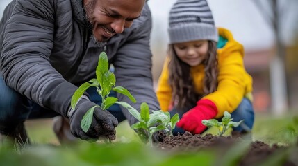 Multicultural family planting seedlings together in garden to save the planet