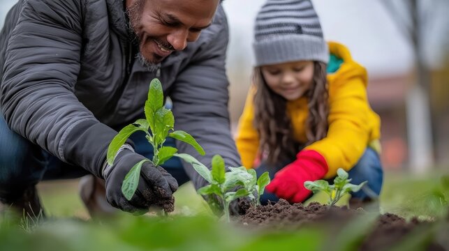 Multicultural family planting seedlings together in garden to save the planet - Powered by Adobe