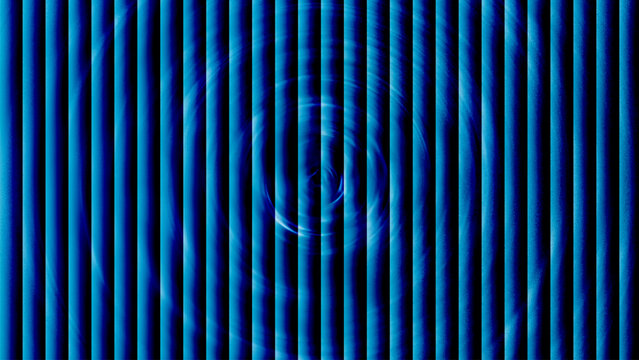 Electric blue vortex behind reeded glass vertical stripes, wavy neon columns on black abstract background