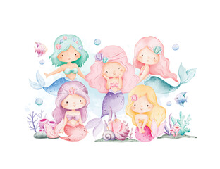Watercolor Illustration Cute Mermaids and Sea Creatures