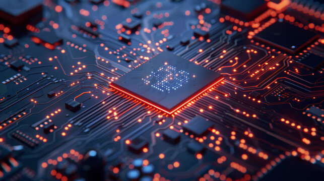 Futuristic Microchip with Glowing Circuits &ndash; Artificial Intelligence Processor and High-Tech Computer Hardware Background