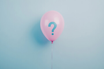 A pink balloon with big question, ready gender reveal. Decorate balloon party. Is it lady? Celebrate with gender! Share excitement of gender reveal