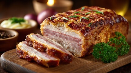 Fototapeta premium A close-up shot of roasted pork belly with golden brown skin, sliced on a wooden board