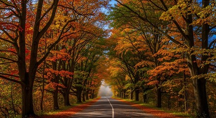Fototapeta premium Autumn Road - A Scenic Drive Through Vibrant Fall Foliage.