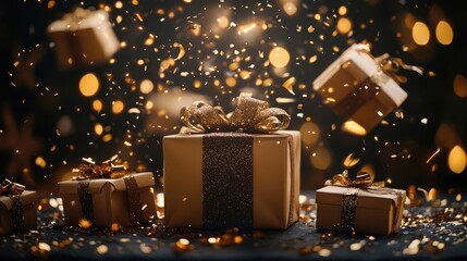 Elegant gift boxes with golden bows in a festive celebratory ambiance