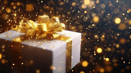Elegant gift box with golden ribbon and bokeh lights for celebrations