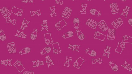 A whimsical repeating pattern of hand-drawn objects like pineapples and calculators on a vibrant magenta background. - Powered by Adobe