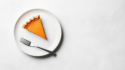 Minimalist Overhead Shot of Thanksgiving Pumpkin Pie on Plate with Fork, Isolated on Empty White Table with Warm Lighting and Copy Space