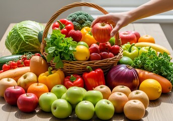 Hand Picking an Apple from a Pile of Fresh Fruits and Vegetables