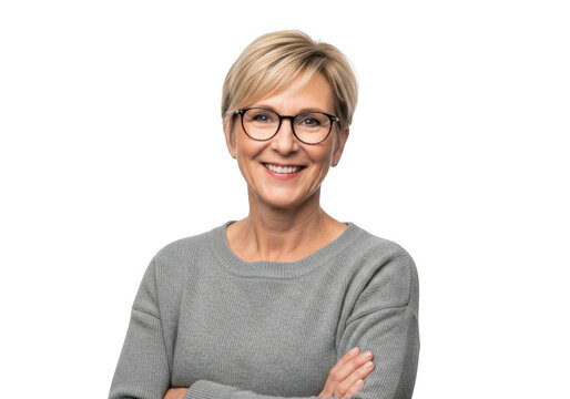 Smiling senior woman with short blonde hair and glasses wearing a gray sweater arms crossed isolated on transparent background