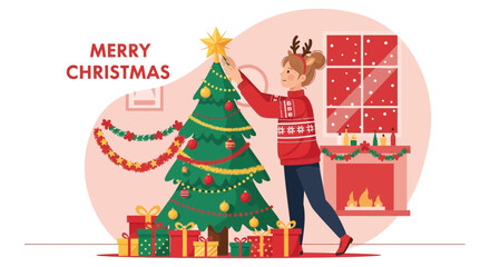 Festive Christmas Celebration: Woman decorating tree with fireplace and gifts at home atmosphere