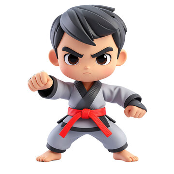 Cartoonish martial artist in grey gi with red belt, fists clenched, ready to fight, clipart, isolated on a transparent background.