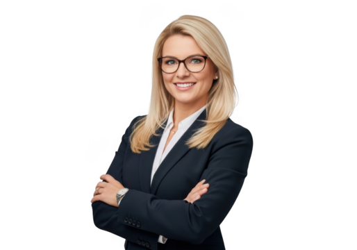 Professional businesswoman with blond hair and glasses smiling confidently arms crossed isolated on transparent background
