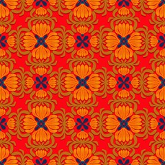 seamless pattern with flowers,gold, blue, orange curves ,painted create to flowershape, leaves, red background in geometric patterns as sarong,fabric,tile,printed fabric,batik,tablecloth patterns.