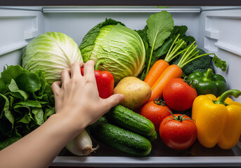Hand Reaching for Fresh Vegetables Inside Refrigerator &ndash; Healthy Food and Meal Prep Concept