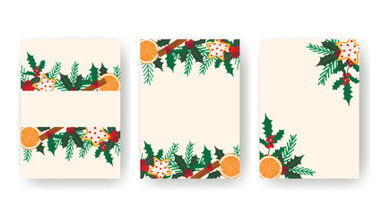 Set of Christmas and New Year's templates for designing cards, invitations, covers, flyers, leaflets. Vertical backgrounds with fir branches, mistletoe, holly, foliage, and berries. Vector graphics