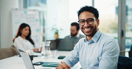 Happy, boardroom and portrait of business man for finance career, confidence and about us in office. Corporate, team and worker with smile, pride and laptop for investment, financial report or review