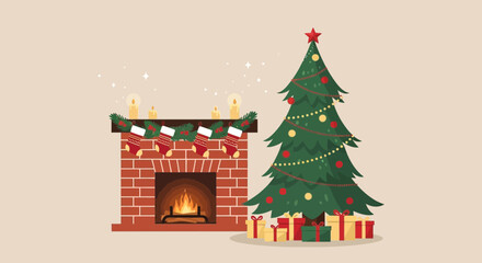 Festive holiday scene featuring a decorated Christmas tree and a cozy fireplace scene
