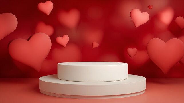 Elegant valentine’s day podium scene with floating red hearts and soft romantic background, perfect luxury display mockup for cosmetics, gifts, jewelry, perfume, or festive love celebration presentati - Powered by Adobe