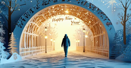 Fototapeta premium Papercraft scene depicts person walking toward bright Happy New Year archway. Winter wonderland, festive mood, illuminated path.