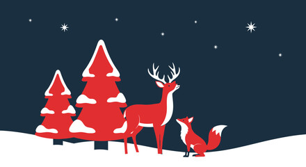 Festive winter night scene with deer, fox, and snow-covered Christmas trees vector graphic