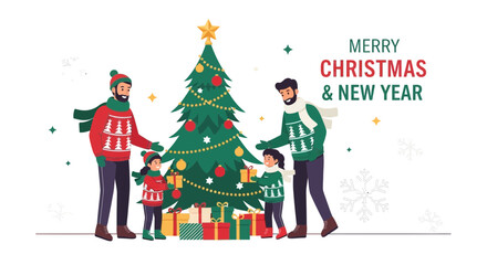 Happy family celebrating christmas and new year with decorated tree and gifts creating a festive