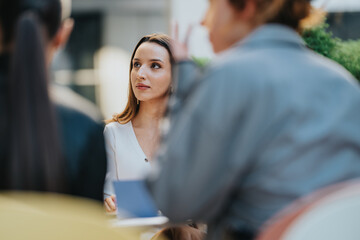 A focused woman in a white top engages with coworkers in a contemporary office. The scene highlights professional dialogue, listening, and collaboration among a small group.