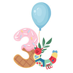 Cute baby milestone card featuring number, balloons and baby toys celebrating third month. Tender design for newborn to capture every special moment. Vector illustration for celebration banner, album