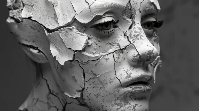 A chiseled stone statue of a man's face in close-up showing cracks and missing pieces. Artistic representation of fragility or destruction.