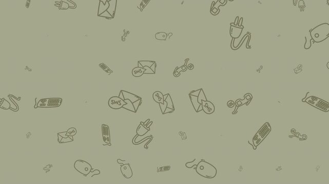 A seamless pattern of hand-drawn technology and communication icons, including envelopes, plugs, batteries, and computer mice, on a muted green background.