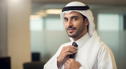 A professional man wearing traditional Middle Eastern attire, including a white thobe and head covering, adjusting his tie in a modern office environment