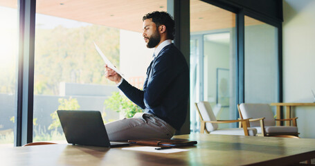 Business, man and document with laptop at house for real estate, property report and contract....