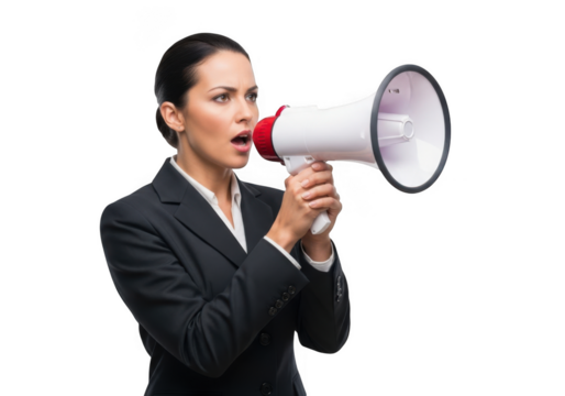 Focused businesswoman in a dark suit passionately shouting into a white and red megaphone isolated on transparent background