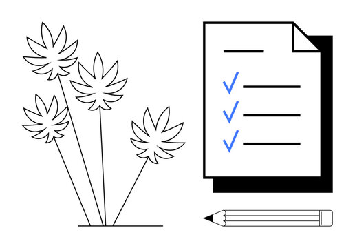 Cannabis leaves next to a checklist and pencil. Ideal for productivity, goals, planning, organization, creativity, task management, and structured thinking. Simple flat metaphor