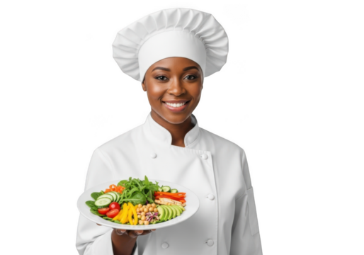 Smiling african american female chef in traditional uniform presents a colorful fresh salad on a white plate isolated on transparent background - Powered by Adobe