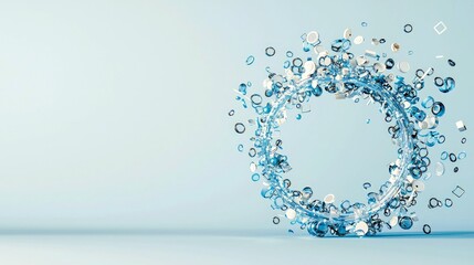 A circular arrangement of translucent blue and opaque white geometric shapes, spheres, and rings explodes outward against a soft blue background.