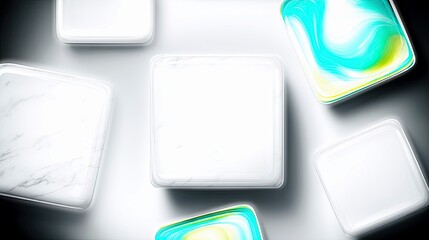 A collection of rounded square shapes with varied textures, including white marble and vibrant, swirling colors, arranged on a clean white surface.