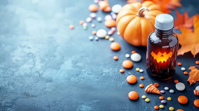 A dark glass bottle with a glowing jack-o-lantern face sits next to a small pumpkin, surrounded by colorful candies and autumn leaves on a textured surface.
