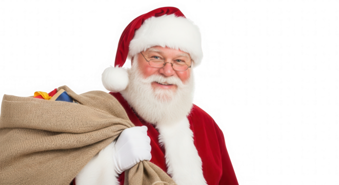 Cheerful Santa Claus Portrait with Sack of Gifts for Christmas Holiday Season Joy and Happiness