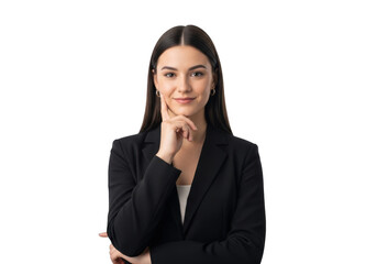 Fototapeta premium Professional young woman in black blazer smiling thoughtfully with hand on chin isolated on transparent background