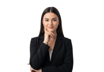Professional young woman in black blazer smiling thoughtfully with hand on chin isolated on transparent background