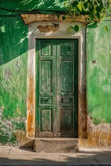 Aged green door on a weathered green wall