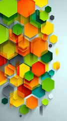 A vibrant, abstract composition featuring a cascade of colorful hexagons in shades of green, orange, yellow, and red, overlapping and creating a sense of depth
