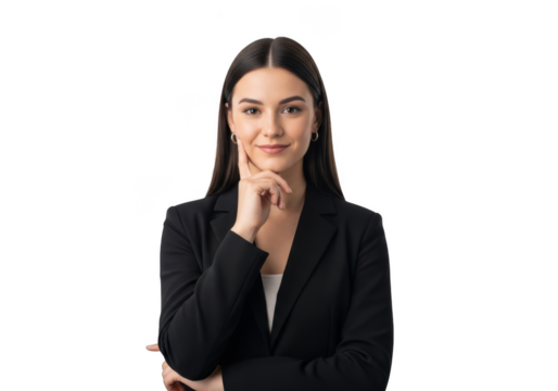 Professional young woman in black blazer smiling thoughtfully with hand on chin isolated on transparent background